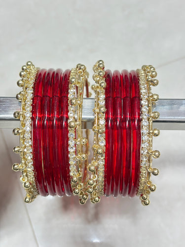Glass Jelly Bangles | Gold Beaded Set of 12 | Bangle Bloom